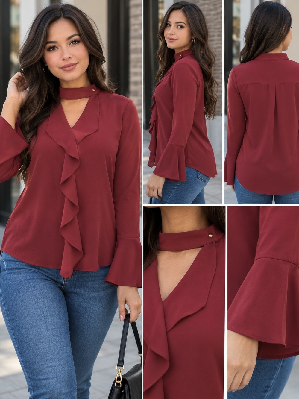 Investments Ruffle Front Blouse in Burgundy